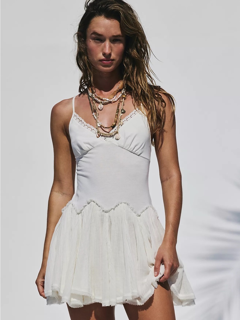 Free People Ivory Lace-Trim Slip Dress with Tulle Skirt